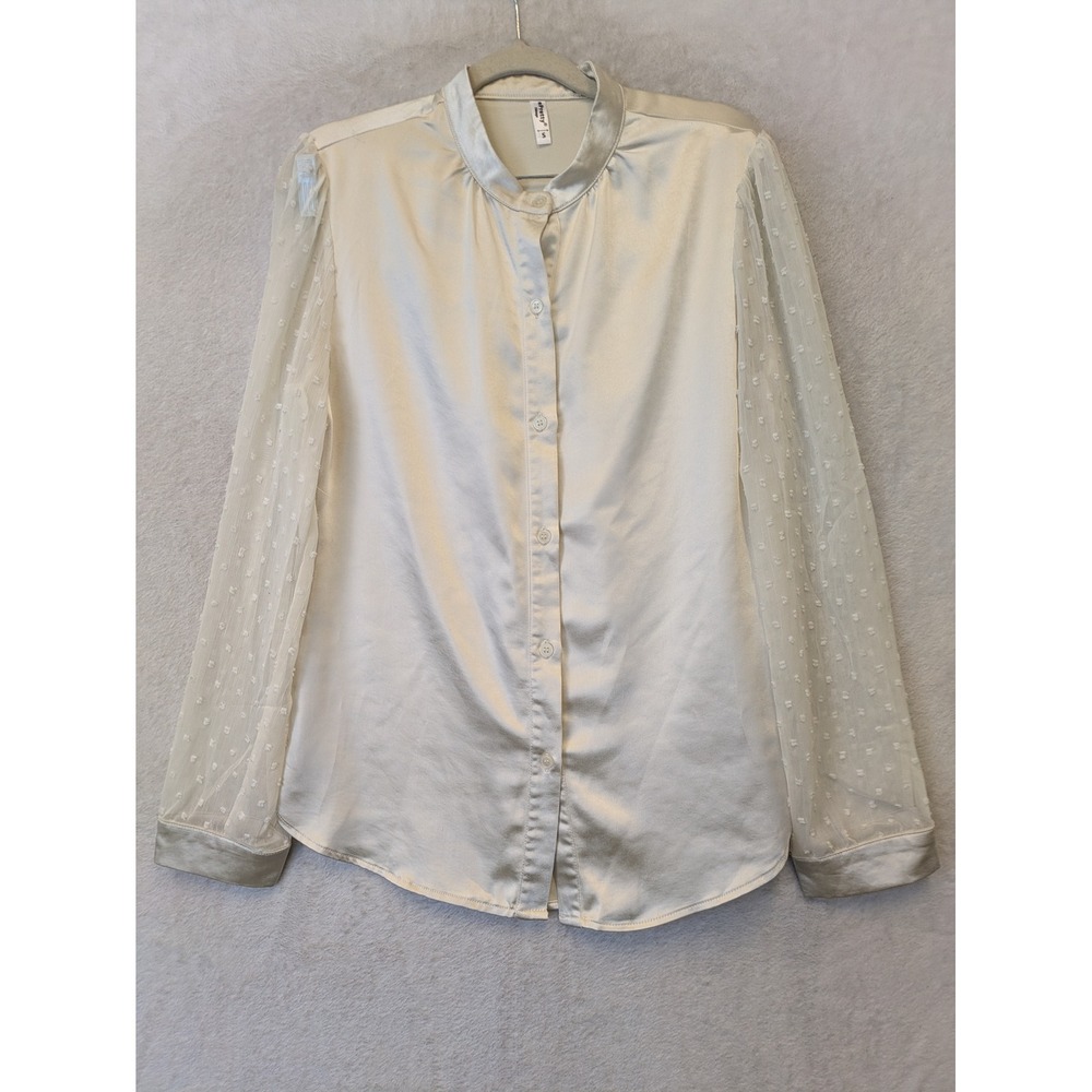 ePretty Blouse Women's Small Ivory Satin Sheer Swiss Dot Sleeve Button Up Work